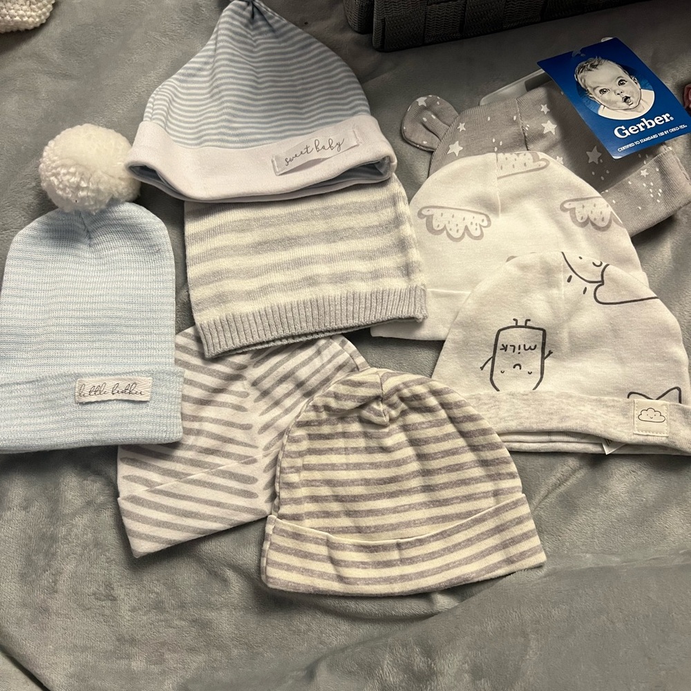 8pc nwot newborn Baby boy Beanie Hat Set in Blue and Gray mudpie carters gerber